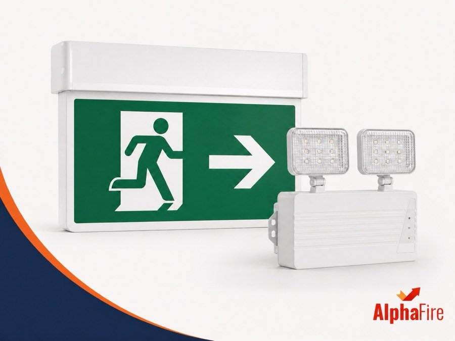 إنارة طوارئ ولوحة مخرج بشعار AlphaFire